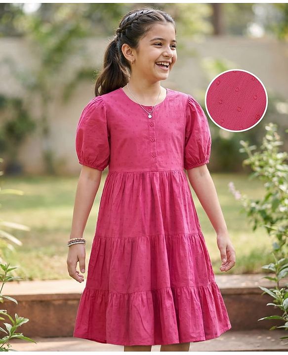 Pine Kids 100% Cotton Woven Half Sleeves With Textured Frock - Pink