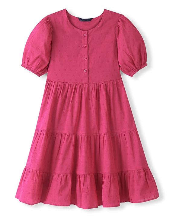 Pine Kids 100% Cotton Woven Half Sleeves With Textured Frock - Pink