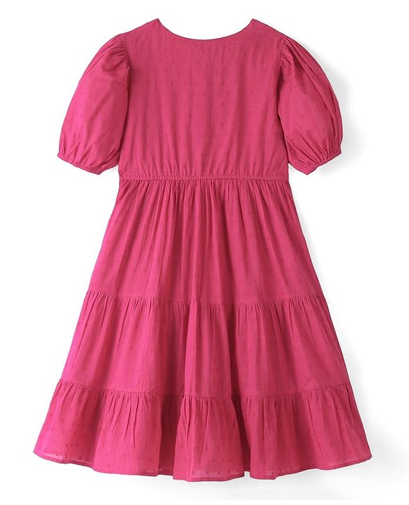 Pine Kids 100% Cotton Woven Half Sleeves With Textured Frock - Pink
