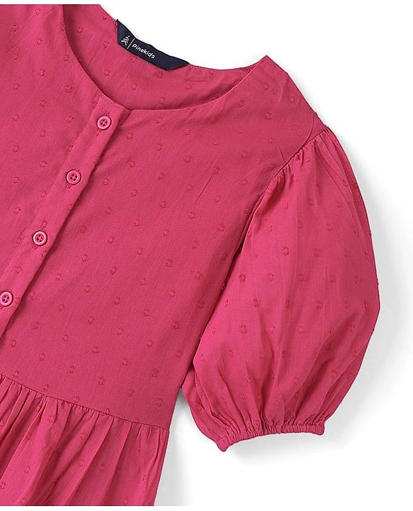 Pine Kids 100% Cotton Woven Half Sleeves With Textured Frock - Pink