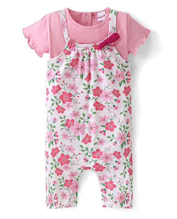 Babyhug Single Jersey Knit Floral Printed Dungaree with Half Sleeves Inner Tee - Pink & White