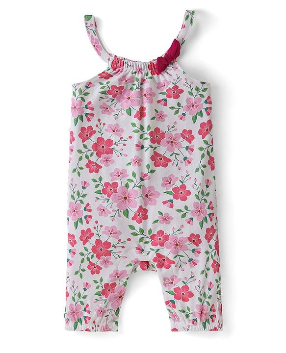 Babyhug Single Jersey Knit Floral Printed Dungaree with Half Sleeves Inner Tee - Pink & White
