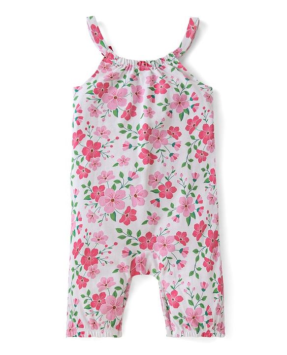 Babyhug Single Jersey Knit Floral Printed Dungaree with Half Sleeves Inner Tee - Pink & White