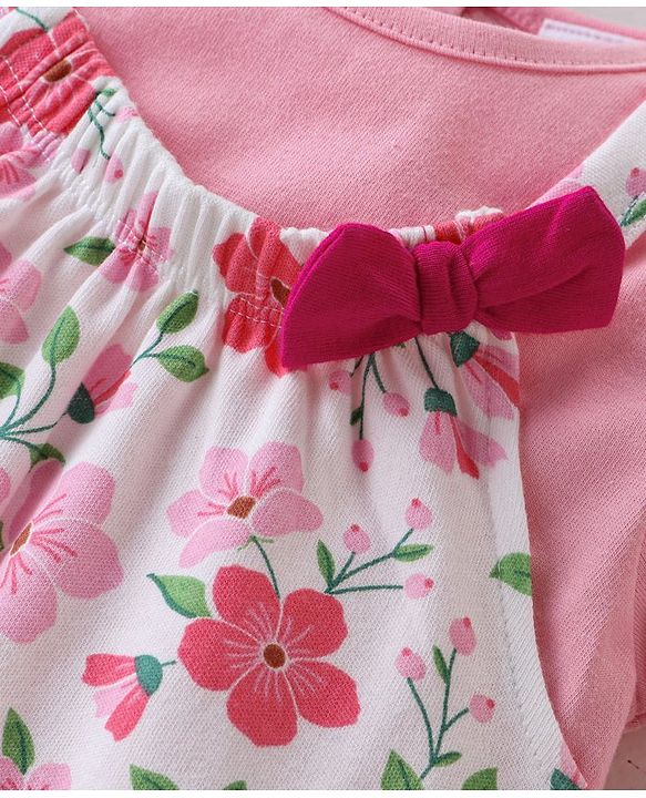 Babyhug Single Jersey Knit Floral Printed Dungaree with Half Sleeves Inner Tee - Pink & White