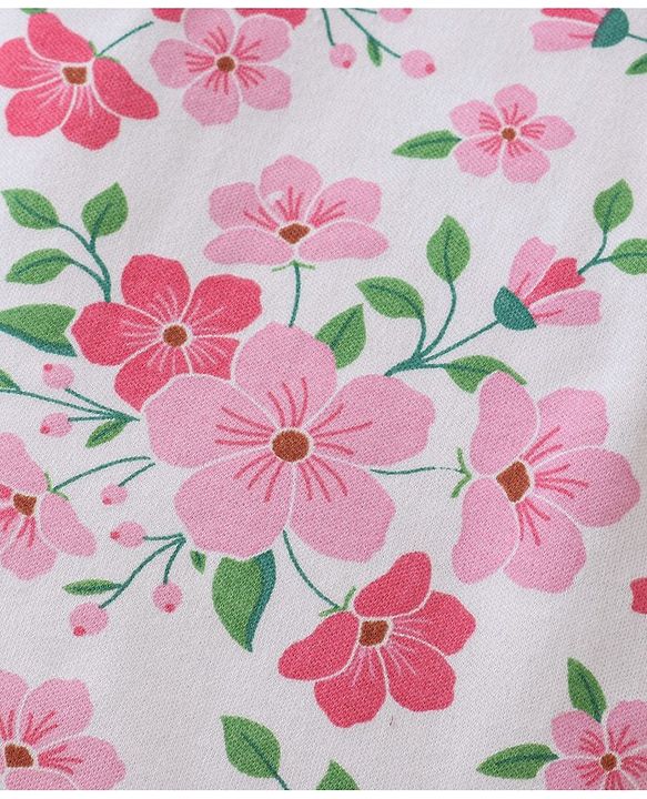 Babyhug Single Jersey Knit Floral Printed Dungaree with Half Sleeves Inner Tee - Pink & White