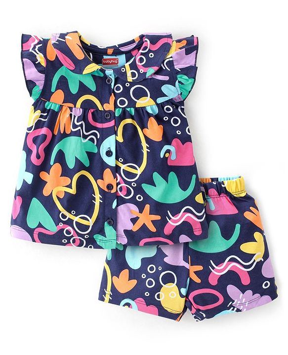 Babyhug Cotton Knit Single Jersey Frill Sleeves Night Suit With Abstract Print - Navy Blue