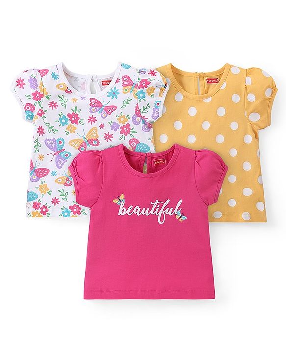 Babyhug Cotton Knit Half Sleeves Top with Polka Dot Print Pack of 3 - Multicolor