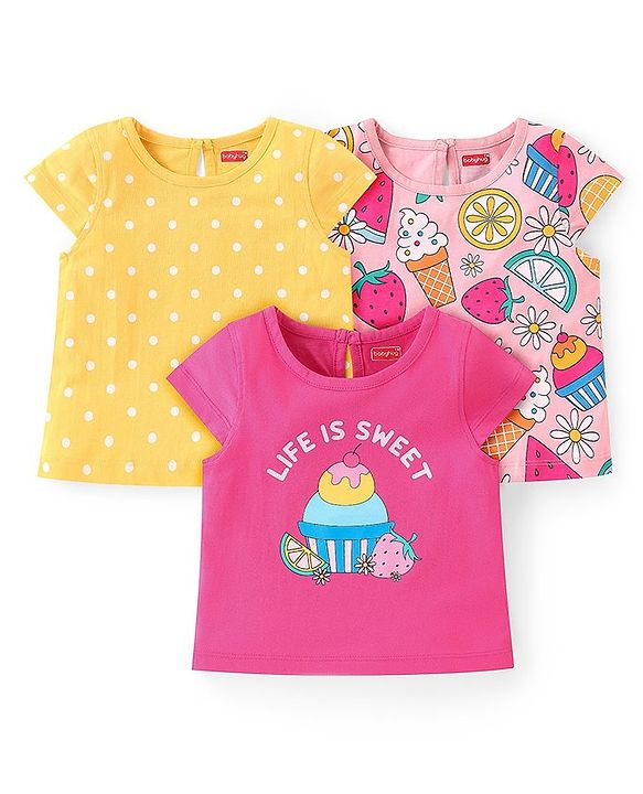 Babyhug Cotton Knit A-Line Cap Sleeves Tops With Polka Dots & Cupcake Graphics Pack of 3 - Pink & Yellow