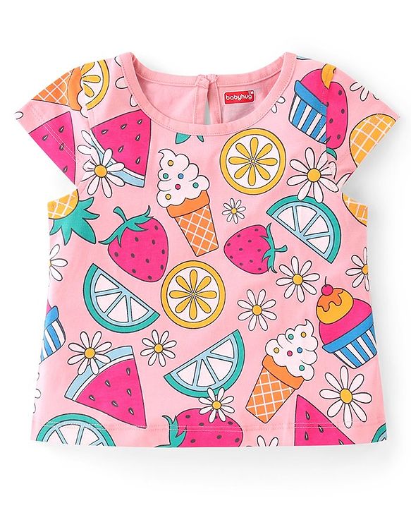 Babyhug Cotton Knit A-Line Cap Sleeves Tops With Polka Dots & Cupcake Graphics Pack of 3 - Pink & Yellow