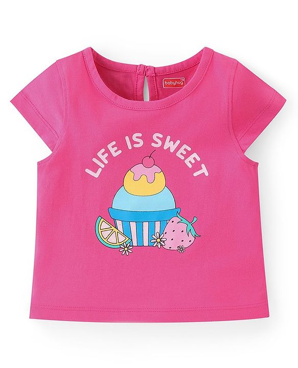 Babyhug Cotton Knit A-Line Cap Sleeves Tops With Polka Dots & Cupcake Graphics Pack of 3 - Pink & Yellow
