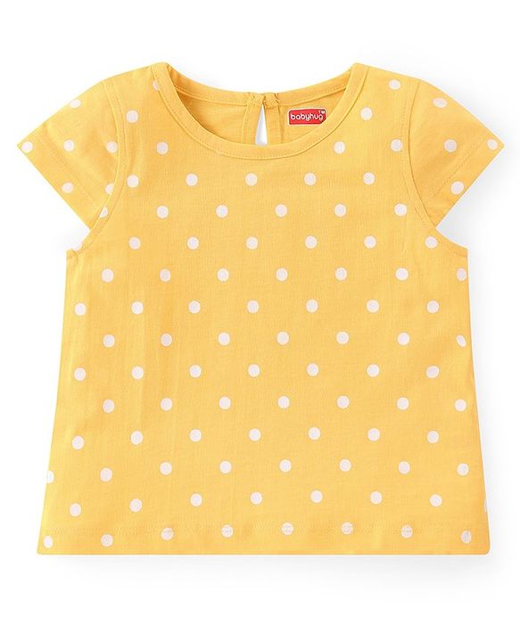 Babyhug Cotton Knit A-Line Cap Sleeves Tops With Polka Dots & Cupcake Graphics Pack of 3 - Pink & Yellow