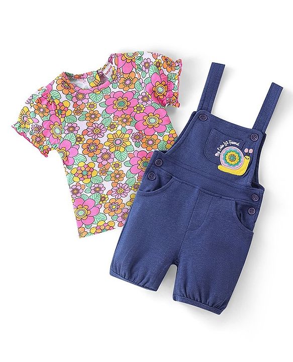 Babyhug Single Jersey Knit Dungarees & Half Sleeves  T-Shirt with Floral Print & Snail Embroidery - Multicolour