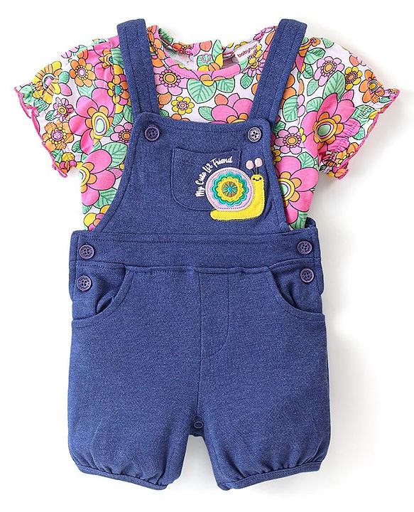 Babyhug Single Jersey Knit Dungarees & Half Sleeves  T-Shirt with Floral Print & Snail Embroidery - Multicolour