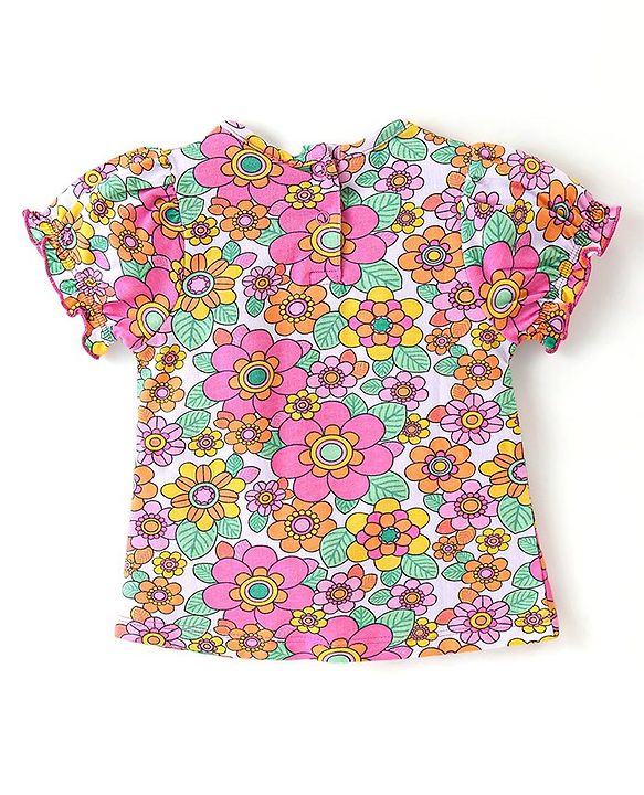 Babyhug Single Jersey Knit Dungarees & Half Sleeves  T-Shirt with Floral Print & Snail Embroidery - Multicolour