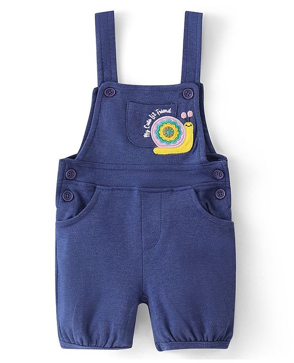 Babyhug Single Jersey Knit Dungarees & Half Sleeves  T-Shirt with Floral Print & Snail Embroidery - Multicolour