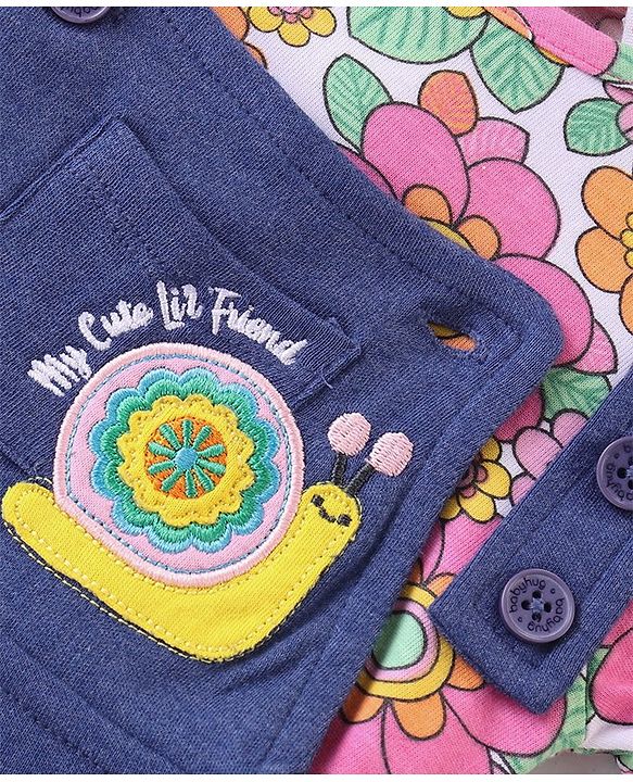 Babyhug Single Jersey Knit Dungarees & Half Sleeves  T-Shirt with Floral Print & Snail Embroidery - Multicolour
