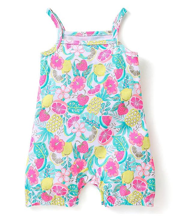 Babyhug Single Jersey Knit Pineapple Printed Dungaree with Frill Sleeves Inner Tee - Pink & Multicolor