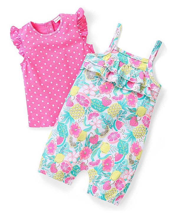 Babyhug Single Jersey Knit Pineapple Printed Dungaree with Frill Sleeves Inner Tee - Pink & Multicolor