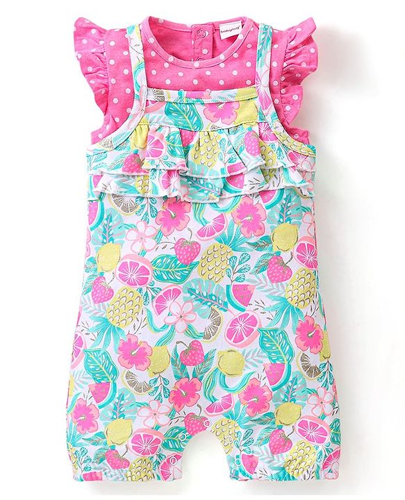 Babyhug Single Jersey Knit Pineapple Printed Dungaree with Frill Sleeves Inner Tee - Pink & Multicolor