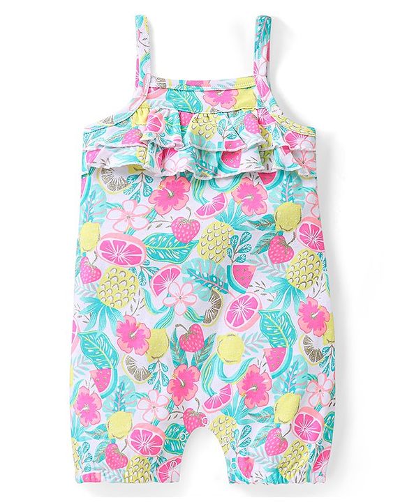 Babyhug Single Jersey Knit Pineapple Printed Dungaree with Frill Sleeves Inner Tee - Pink & Multicolor