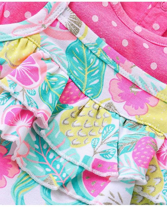 Babyhug Single Jersey Knit Pineapple Printed Dungaree with Frill Sleeves Inner Tee - Pink & Multicolor