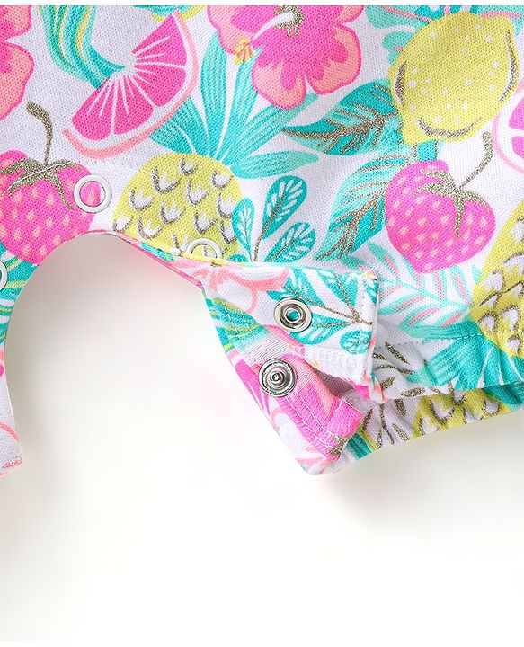 Babyhug Single Jersey Knit Pineapple Printed Dungaree with Frill Sleeves Inner Tee - Pink & Multicolor