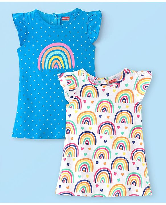 Babyhug Cotton Knit Frill Sleeve Nighty With Polka Dot Print & Rainbow Print Pack Of 2 - Multicolor