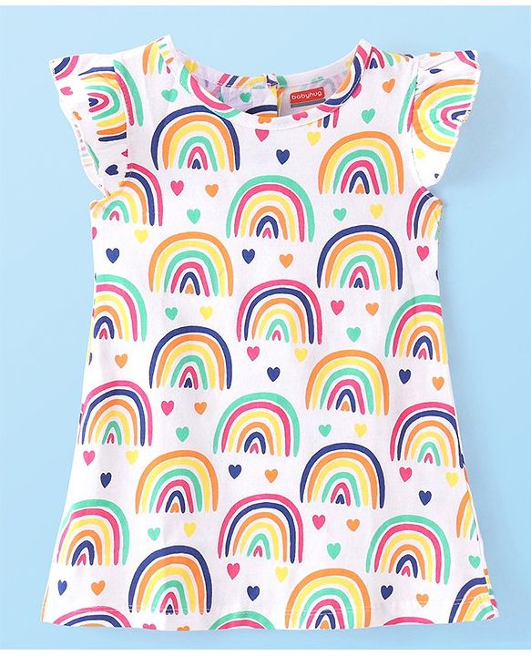 Babyhug Cotton Knit Frill Sleeve Nighty With Polka Dot Print & Rainbow Print Pack Of 2 - Multicolor