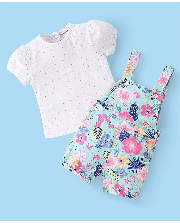 Babyhug 100% Cotton Knit Single Jersey Dungaree & Half Sleeves T-Shirt With Floral  Print - White & Blue
