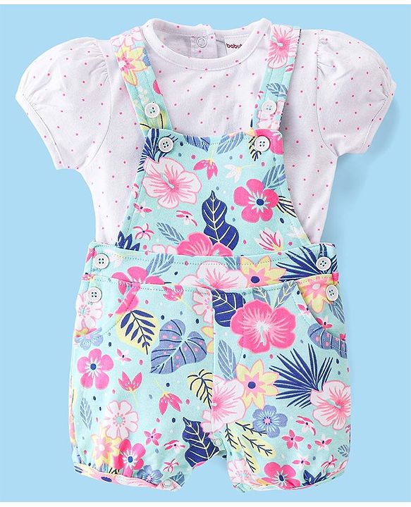 Babyhug 100% Cotton Knit Single Jersey Dungaree & Half Sleeves T-Shirt With Floral  Print - White & Blue