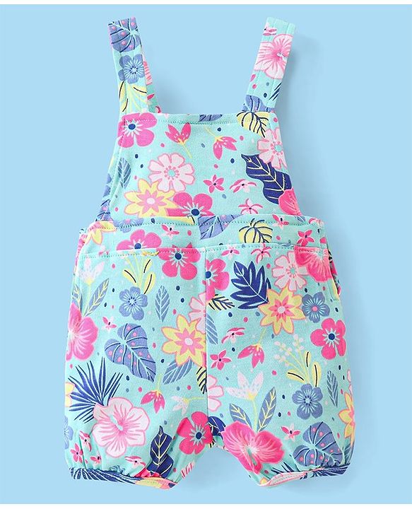 Babyhug 100% Cotton Knit Single Jersey Dungaree & Half Sleeves T-Shirt With Floral  Print - White & Blue