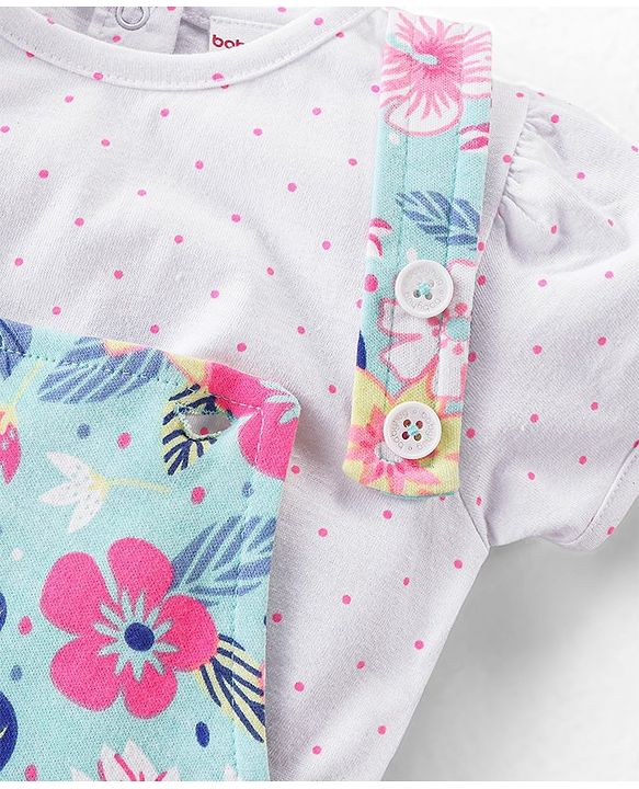 Babyhug 100% Cotton Knit Single Jersey Dungaree & Half Sleeves T-Shirt With Floral  Print - White & Blue