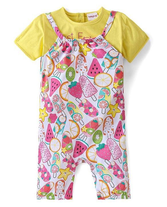 Babyhug Single Jersey Knit Fruits Printed Dungaree with Half Sleeves Inner Tee - Pink & Yellow