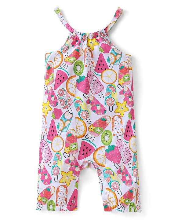Babyhug Single Jersey Knit Fruits Printed Dungaree with Half Sleeves Inner Tee - Pink & Yellow