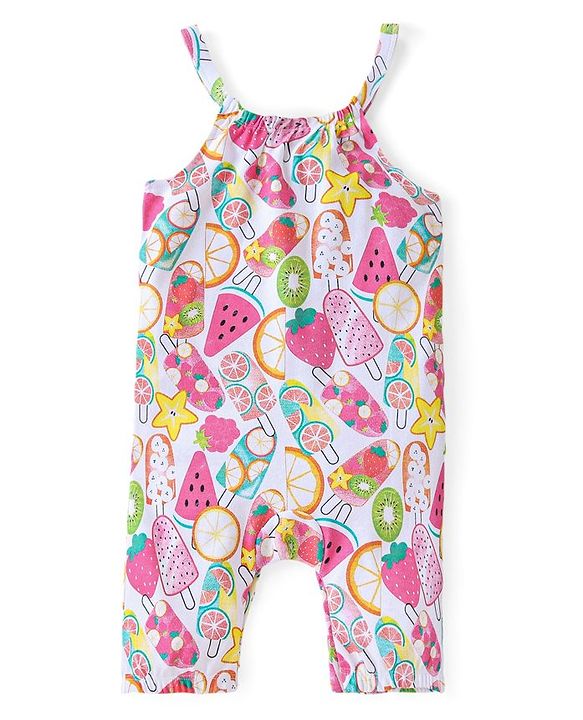 Babyhug Single Jersey Knit Fruits Printed Dungaree with Half Sleeves Inner Tee - Pink & Yellow