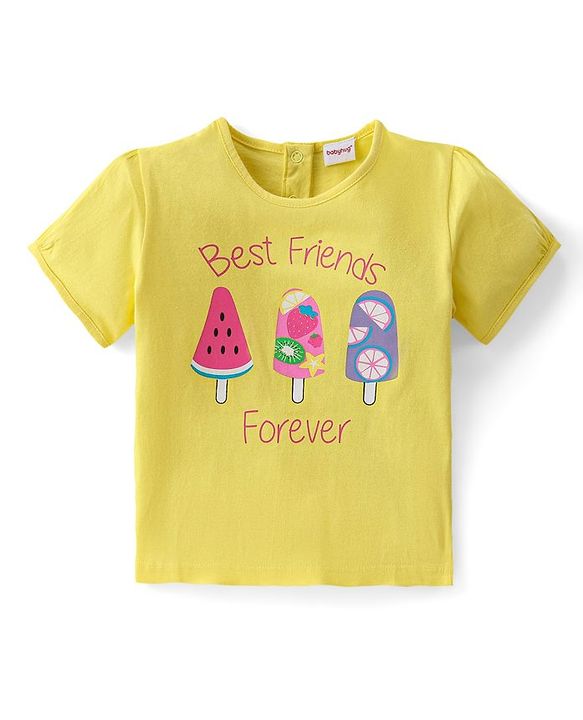 Babyhug Single Jersey Knit Fruits Printed Dungaree with Half Sleeves Inner Tee - Pink & Yellow