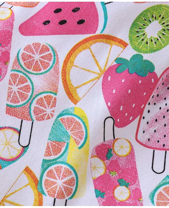 Babyhug Single Jersey Knit Fruits Printed Dungaree with Half Sleeves Inner Tee - Pink & Yellow