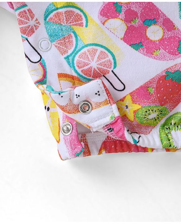 Babyhug Single Jersey Knit Fruits Printed Dungaree with Half Sleeves Inner Tee - Pink & Yellow
