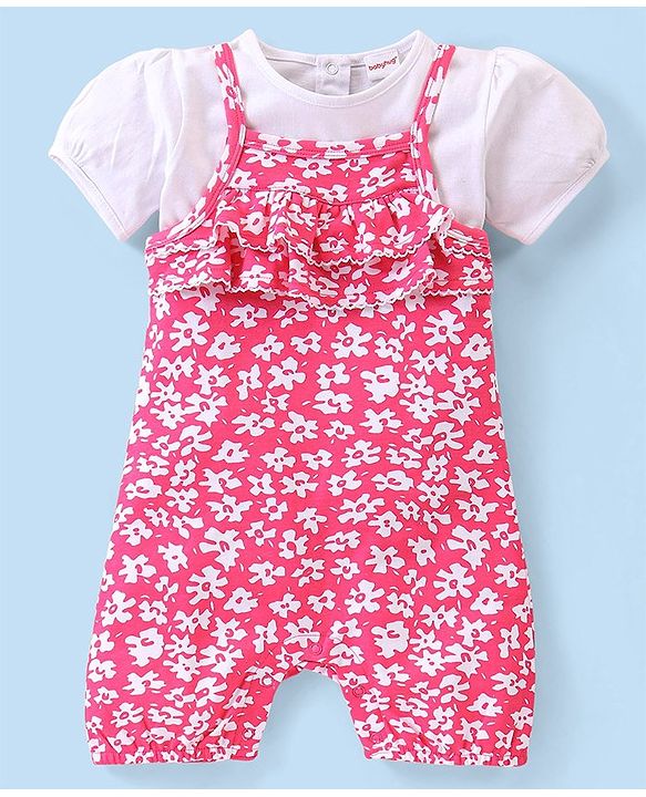 Babyhug 100% Cotton Knit Dungaree and Half Sleeves Printed Top - White & Pink