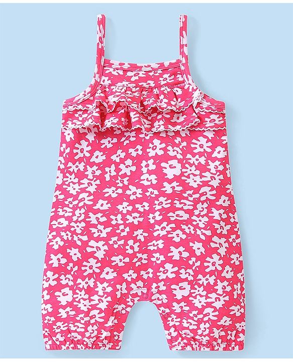 Babyhug 100% Cotton Knit Dungaree and Half Sleeves Printed Top - White & Pink