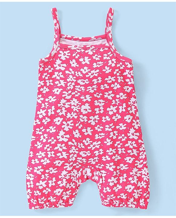 Babyhug 100% Cotton Knit Dungaree and Half Sleeves Printed Top - White & Pink