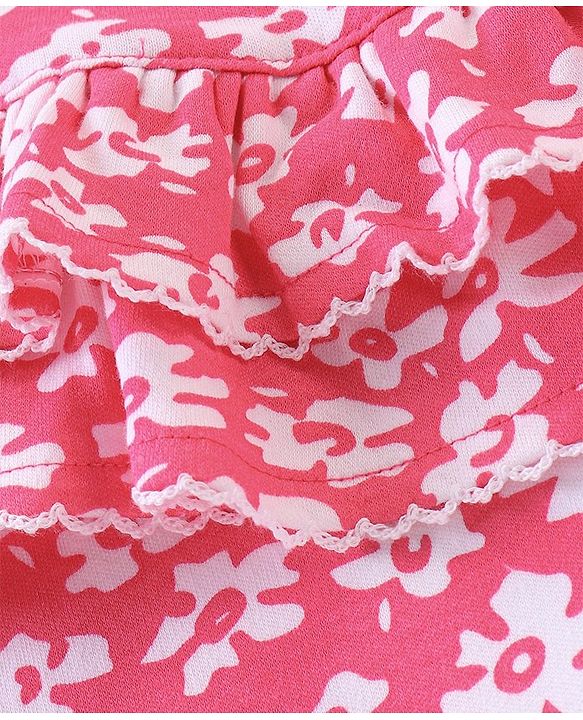 Babyhug 100% Cotton Knit Dungaree and Half Sleeves Printed Top - White & Pink