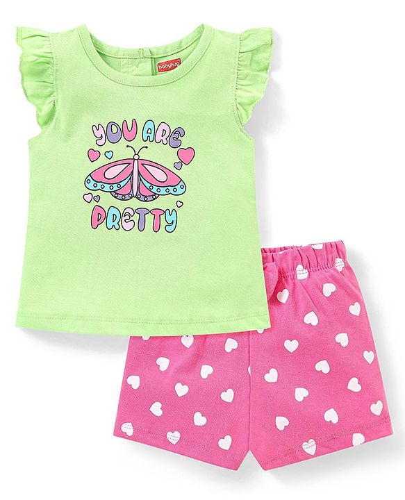 Babyhug Single Jersey Knit Half Sleeves Night Suit with Text & Heart Print - Green & Pink