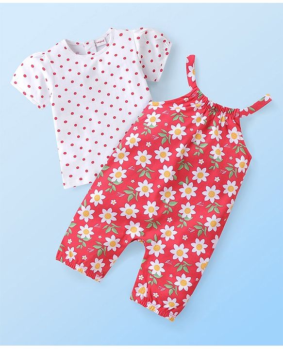 Babyhug Single Jersey Knit Dungaree with Half Sleeves T-Shirt Polka Dot & Floral Print - White & Red