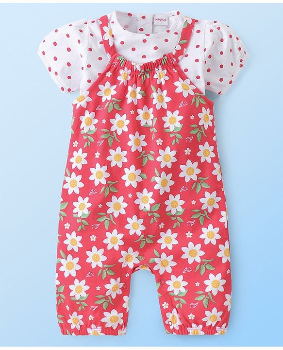 Babyhug Single Jersey Knit Dungaree with Half Sleeves T-Shirt Polka Dot & Floral Print - White & Red