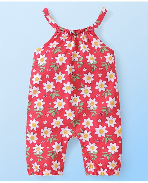 Babyhug Single Jersey Knit Dungaree with Half Sleeves T-Shirt Polka Dot & Floral Print - White & Red