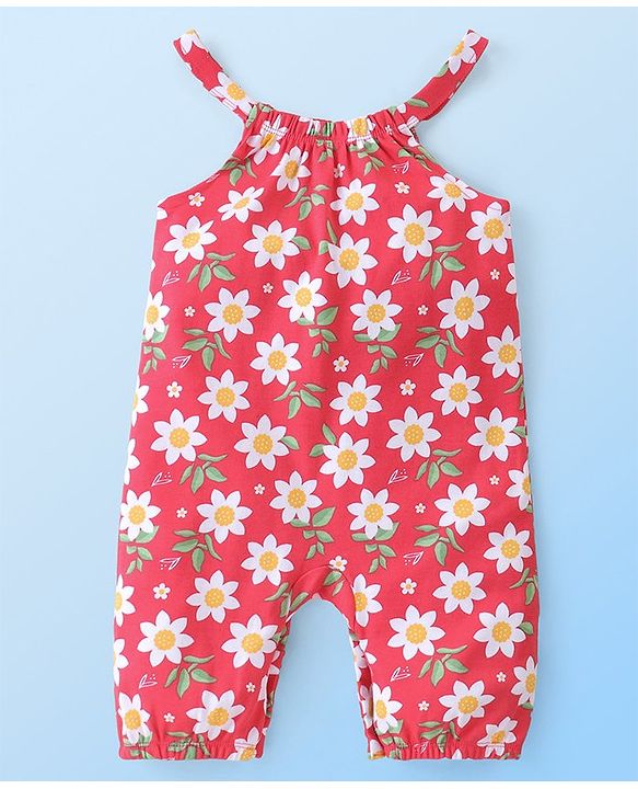 Babyhug Single Jersey Knit Dungaree with Half Sleeves T-Shirt Polka Dot & Floral Print - White & Red
