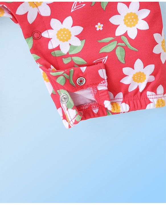 Babyhug Single Jersey Knit Dungaree with Half Sleeves T-Shirt Polka Dot & Floral Print - White & Red