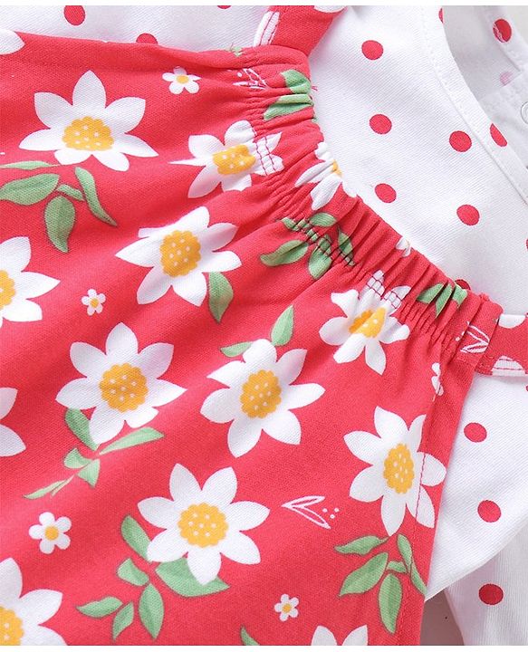 Babyhug Single Jersey Knit Dungaree with Half Sleeves T-Shirt Polka Dot & Floral Print - White & Red