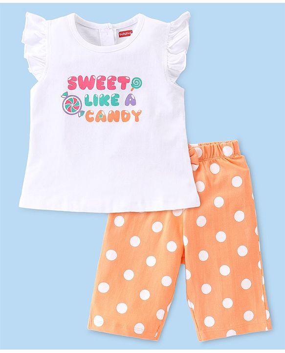Babyhug Single Jersey Knit  Half  Sleeves Capri Nightsuit  Text & Polka Dot Print - White & Orange